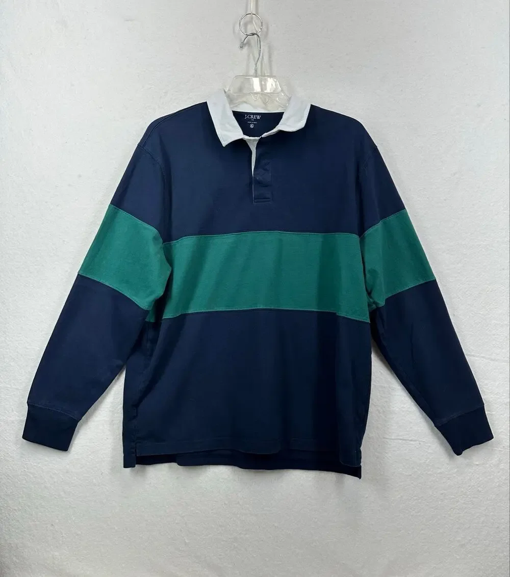J.Crew Men's SZ XL Navy Green Long Sleeve Rugby Shirt Preppy Academia University